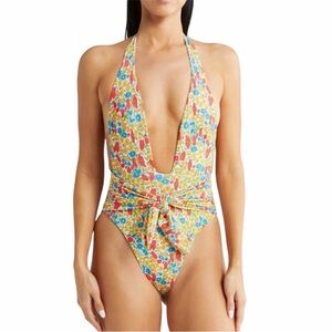 Montce Size Medium Florencia Floral Tropez Tie-Up One-Piece Plunging Neckline